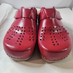 Women’s Red Perforated Leather Clogs